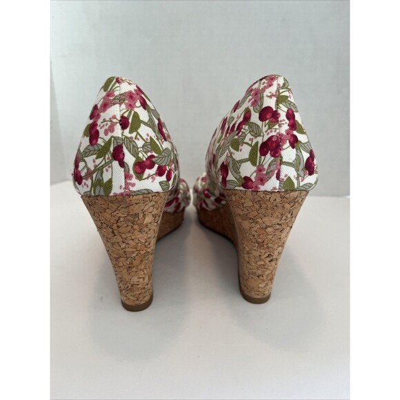 H&M Cork Wedge High Heels Canvas Cherries Peep Toe Size 8 - Picture 6 of 11